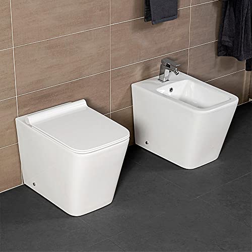 Inbagno Coppia Sanitari Filo Muro O Filoparete Rimless, Bianco, Design Squadrato Moderno, Completo Di Copriwater Con Chiusura Soft-Close (Bianco Lucid