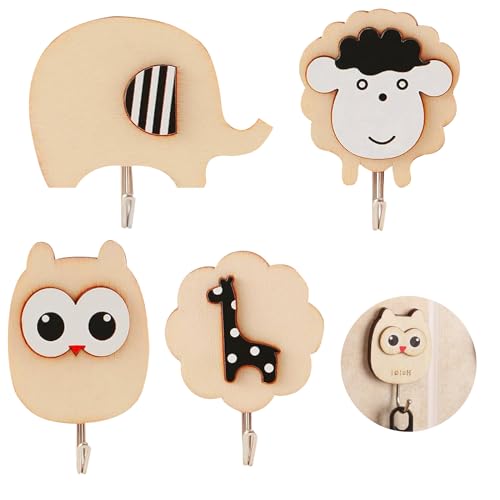 Misfun 4 Pezzi Ganci Autoadesivi Per Bambini, Stampe Animali Appendiabiti Bambini, Gancio Per Bambini In Legno, Ganci Creativi Decorativi, Attaccapann