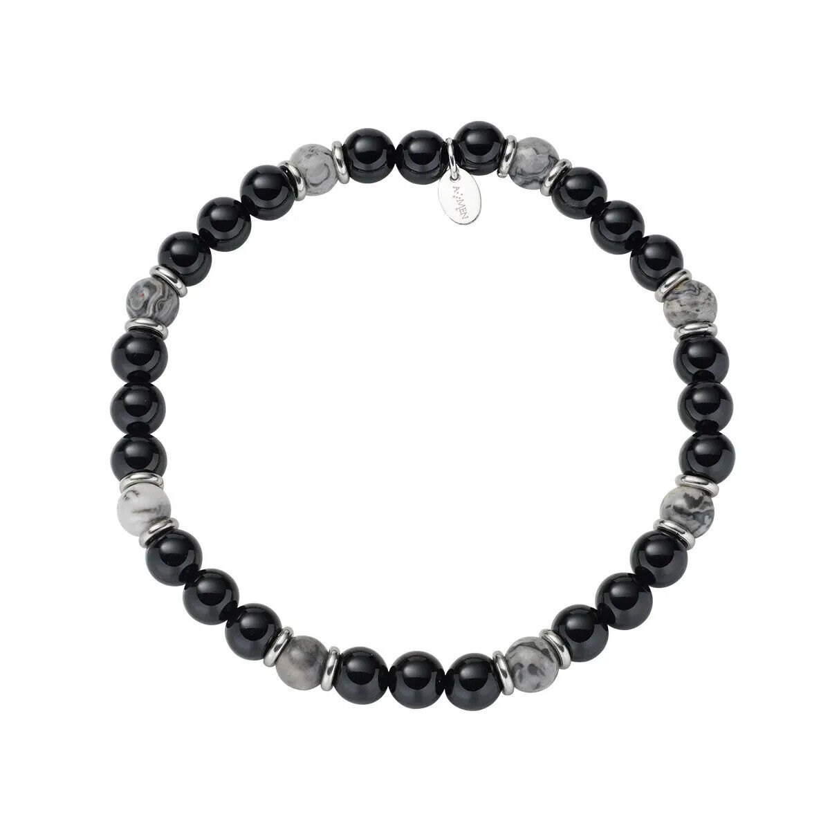 AMEN GIOIELLI BRACCIALE ELASTICO con Acciaio e Agata Grigia e Nera ACBRU6EL08