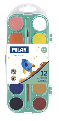 Milan 053312P Estuche Acuarelas 12 Pastillas Ø30 Mm Con Pincel, Vari, Unica