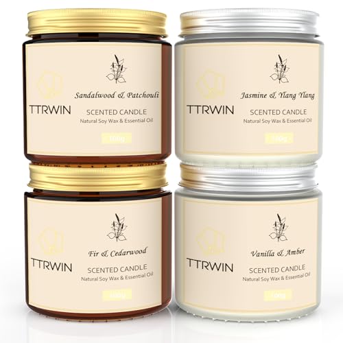 Ttrwin Candele Profumate, 4 Candele Aromaterapia, Candela Di Soia: Gelsomino/Ylang Ylang, Sandalo/Patchouli, Abete/Cedro, Vaniglia/Ambra, Lunga Combus