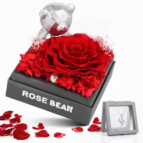 Boriya Rosa Stabilizzata - Idee Regalo Donna, Rosa Eterna Con Collana, Rose Stabilizzate Vera Con Orso, Fiori Stabilizzati Scatola, Rosà Eterne Confez
