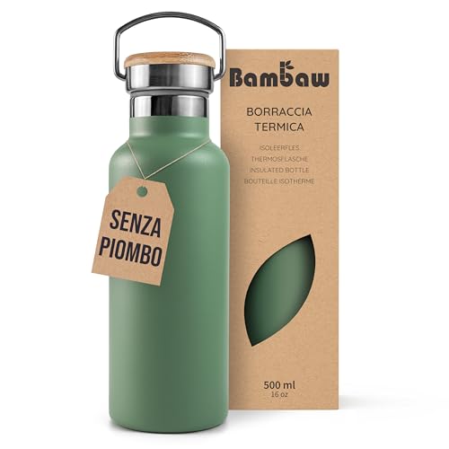 Bambaw Borraccia Termica 500 Ml, Borraccia Verde, Borraccia Acciaio Inox, Borraccia Sport, Borraccia Metallo, Borraccia Acqua, Borraccia Trekking, Bor