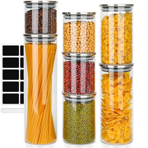 Otauoaea Barattoli Vetro Con Coperchio,Set Di 7 Barattoli Vetro Barattoli Di Cucina In Vetro Con Coperchio In Acciai Inossidabili Barattoli Pasta Cont