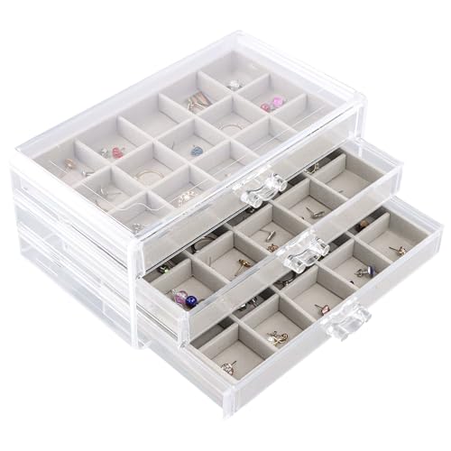 Wisebom Scatola Portagioie Con 3 Cassetti, Scatola Di Gioielli In Acrilico Organizzatore Gioielli, Portagioie Donna Da Camera Trasparente Porta Gioiel