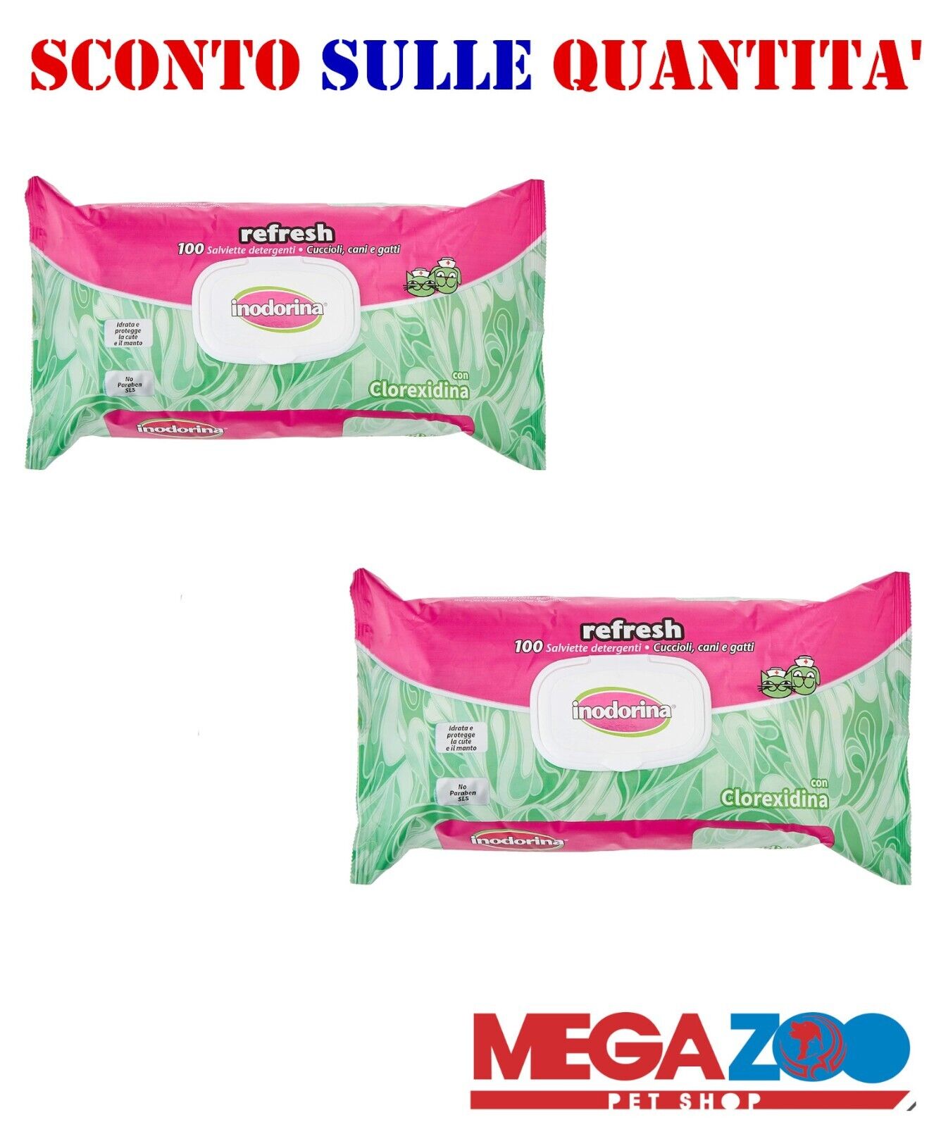 Inodorina salviette  Clorexidina 200PZ Cani Gatti Cuccioli 2 conf da 100pz