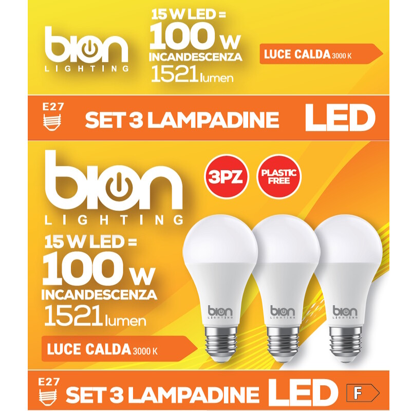 BION bion electrics Set 3 lampadine led a goccia 15 watt, resa 100 watt massima