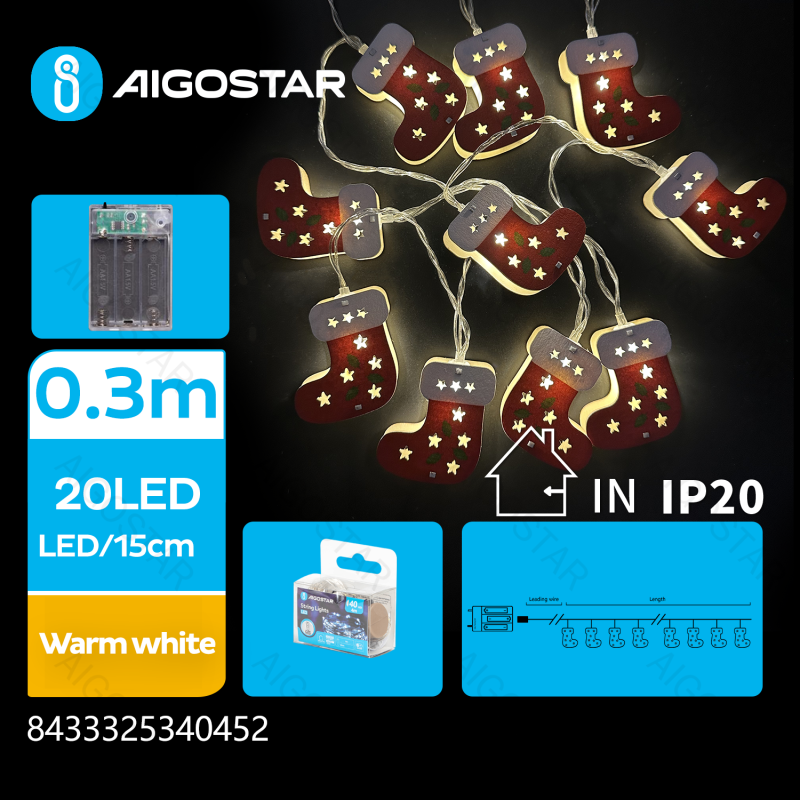 Catena luminosa a batteria 3AA con luci a calzini natalizi in legno 20 led 3mt -