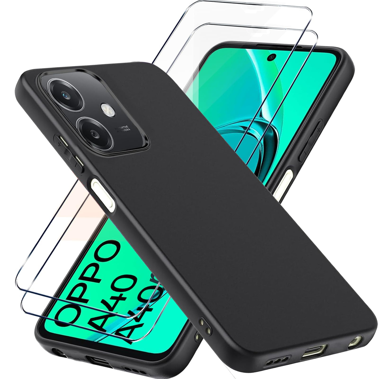 Cover + 2Pcs Vetro Compatibilità con OPPO A40 OPPO A40M Cover Nero (d4c)