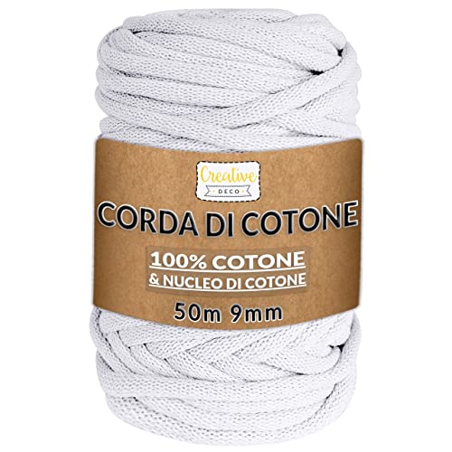 Creative Deco Corda Macrame 9Mm X 50M Filo Cotone Bianco | Cotone Per Uncinetto | Filo Macramè 9Mm (+-0.5Mm) Fettuccia Per Borse A Uncinetto, Macrame