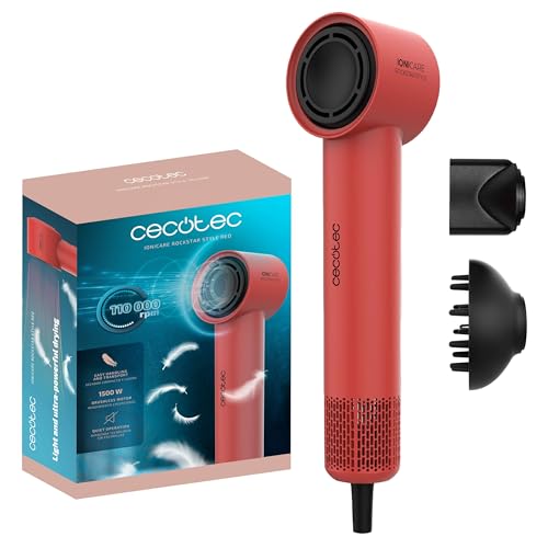 Cecotec Asciugacapelli Ionicare Rockstar Style Red. Compatto E Leggero 1500W Con Motore Brushless, 110.000 Rpm, Generatore Di Ioni, Impostazioni Tempe