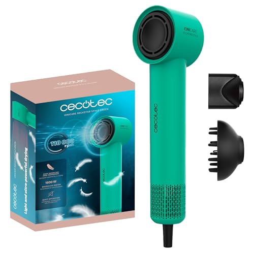 Cecotec Asciugacapelli Ionicare Rockstar Style Green. Compatto E Leggero 1500W Con Motore Brushless, 110.000 Rpm, Generatore Di Ioni, Impostazioni Tem