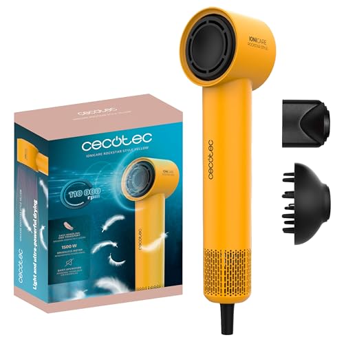 Cecotec Asciugacapelli Ionicare Rockstar Style Yellow. Compatto E Leggero 1500W Con Motore Brushless, 110.000 Rpm, Generatore Di Ioni, Impostazioni Te