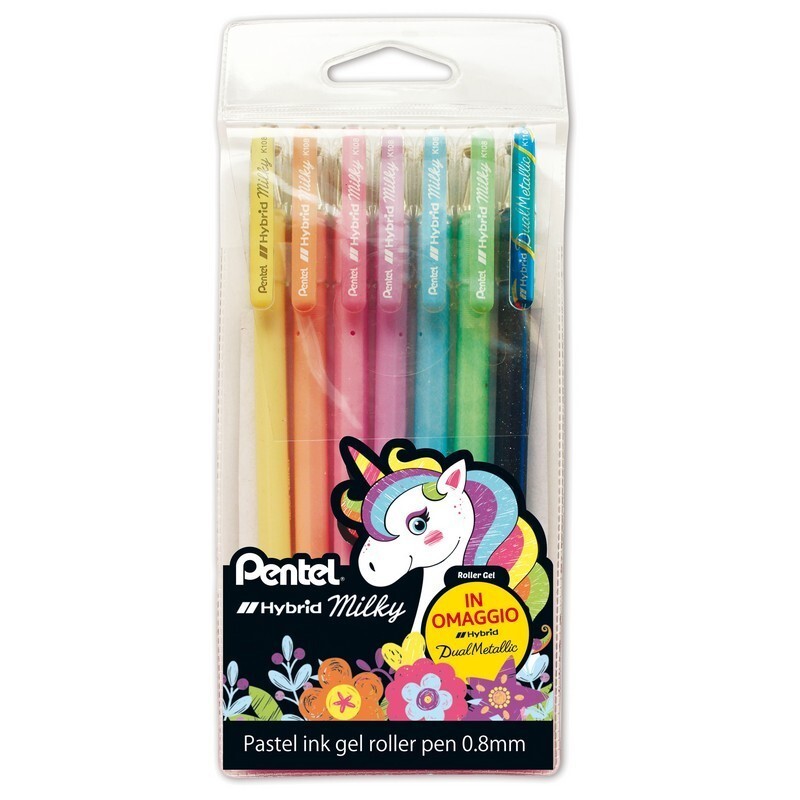 Astuccio 6+1 Roller gel Hybrid Milky - 0.8 mm - Colori Assortiti Pastel - Pentel