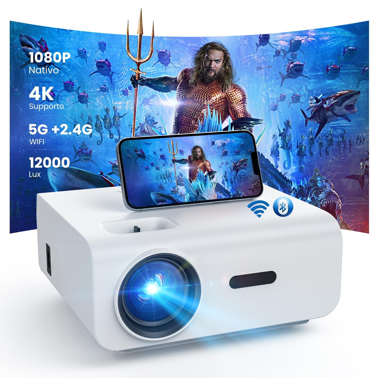 HOPVISION Proiettore, 12000Lumen Proiettore 4K Supportato, Mini (T8f)