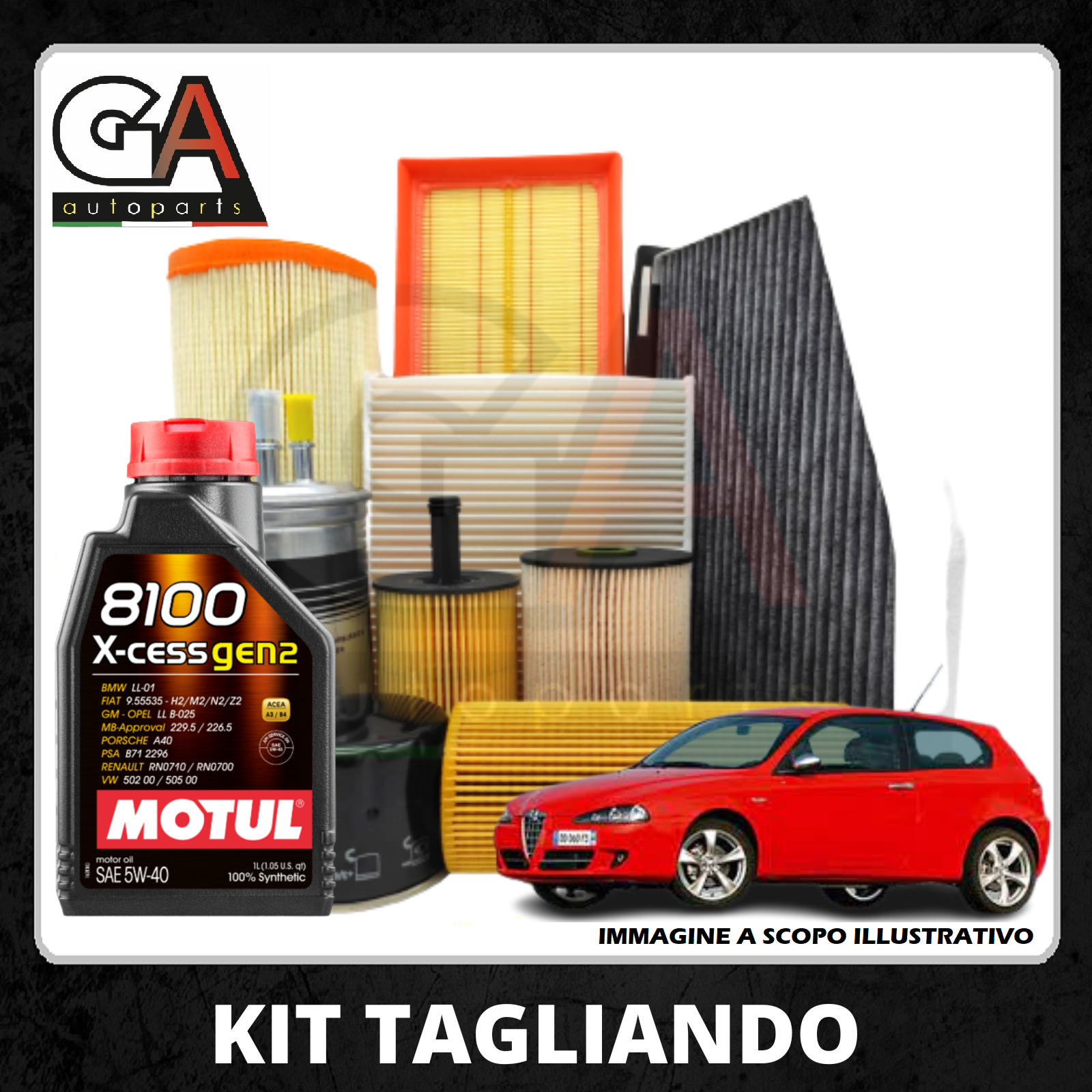 Kit tagliando Alfa 147 1.9 JTDm 4 Filtri 5 lt Motul 8100 X-Clean gen2 5W40 C3
