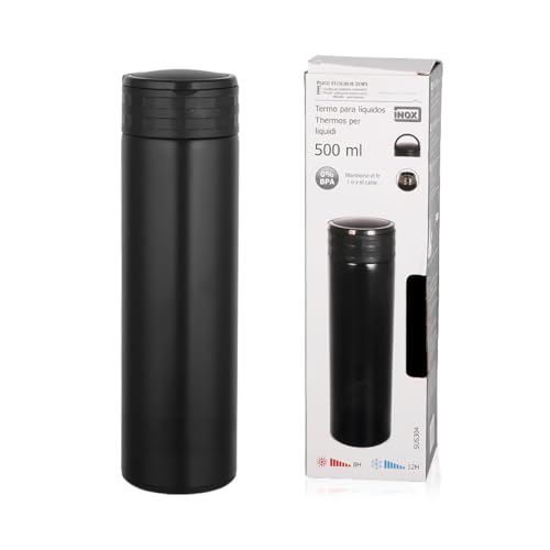 A2Zworld Thermos Per Caffe/Acqua Da 500Ml, Borraccia Termica Per Bibite In Acciaio Inox, Mantiene Caldo 8H E Freddo 12H (Nero, Maniglia Regolabile)
