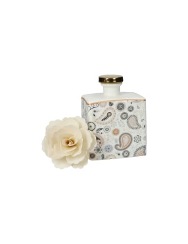 Brandani 52892 Diffusore Di Fragranza Shanti Bianco Porcellana, Cm 8X6,5X11H, 250 Ml, Dotato Di Elegante Fiore Diffusore In Legno E Tappo Oro Ermetico