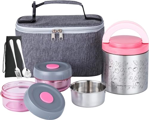 Lille Home Set Di Box Da Pranzo Bento 1065 Ml, Bento/Snack Box Isolato A Vuoto Mantenendo Il Cibo Caldo, Con 2 Contenitori, Sacca Da Pranzo, Set Di Po