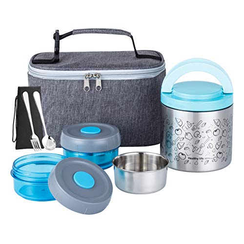 Lille Home Set Di Box Da Pranzo Bento 1065 Ml, Bento/Snack Box Isolato A Vuoto Mantenendo Il Cibo Caldo, Con 2 Contenitori, Sacca Da Pranzo, Set Di Po