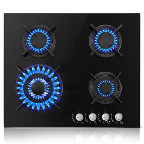 Topstrong Piano Cottura 4 Fuochi Gas, Piano Cottura Gas Vetro Incasso, Protezione Flame-Out, Gas Naturale/Propano, 8060W, Griglie In Ghisa, Nero, 220-