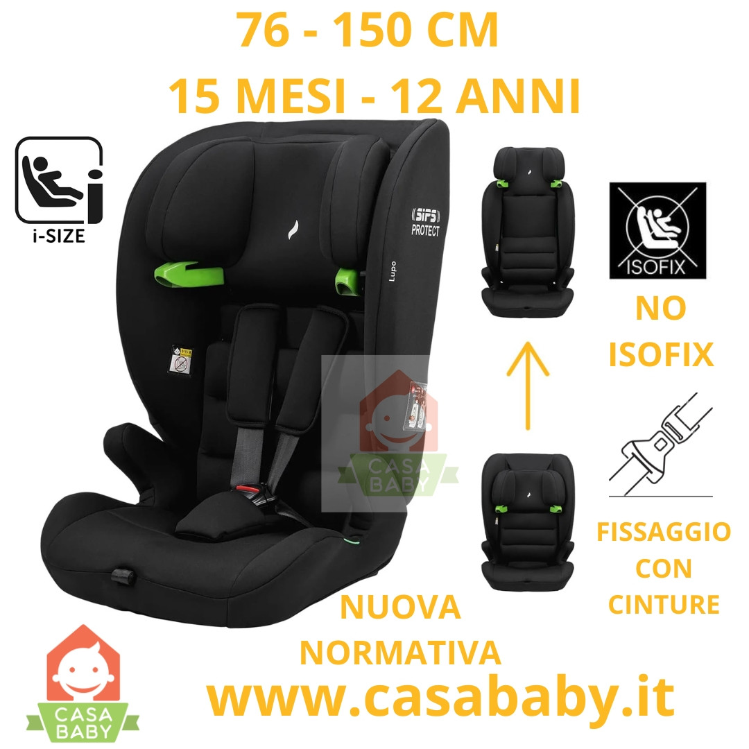 Seggiolino Auto No Isofix 76-150 cm I-Size Fissaggio con Cinture Lupo Nero Made