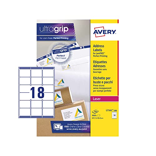 Avery L 7161-500-Etichette Per Indirizzi, In Fogli Formato A4, 63,5 X 46,6 Mm), 18 Etichette Per Foglio, 500 Fogli, Colore: Bianco