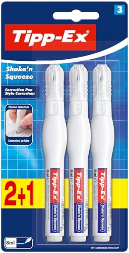 Tipp-Ex Shake 'N Squeeze, Bianchetto A Penna Liquido, Correttore Scuola, Maneggevole E Tascabile, Confezione Da 3 Unità (3X8Ml), Bic, Beige, 2 + 1 Cor
