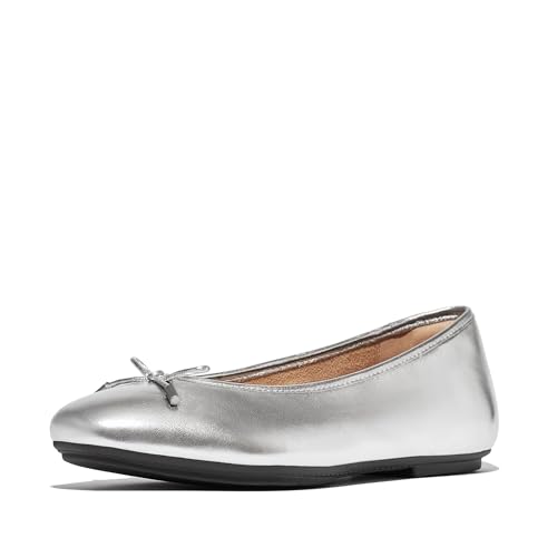 Fitflop Delicato Bow Soft Metallic-Leather Ballet Flats, Scarpa Donna, Argento, 39 Eu