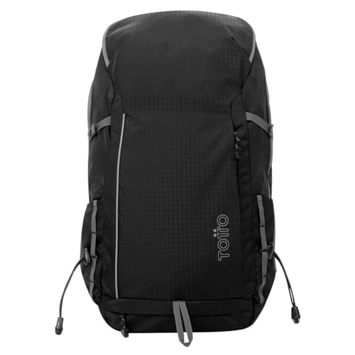 Totto - Zaino Da Trekking - Denali - Colore Nero - Con Cinghie Pettorali - Design Ergonomico - Copertura Antipioggia - Poliestere