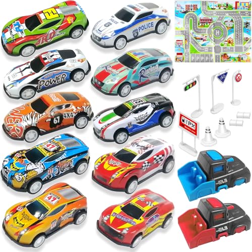Toyabi 21 Pezzi Macchinine Per Bambini Set, 10 Mini Macchine Giocattolo Con Lanciatore/Tappeto Da Gioco, Veicolo Metallo Die Cast, Cars Giocattoli, Ma