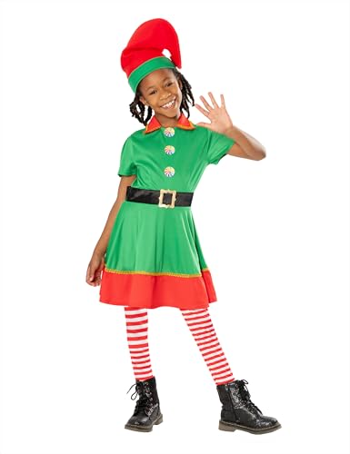 Rubies Girls Christmas Elf Costume Dress Belt Stockings Hat Elf Christmas School Functions Party Santa Claus (Xs 5-6 Years)