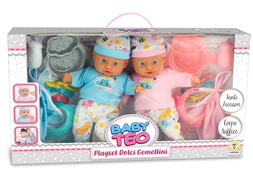 Teorema - Set Bambolotti Gemellini, Maschio E Femmina, Giocattolo Per Bambini, Con Corpo Morbido In Vinile, Vestiti Coordinati E Tanti Accessori Inclu