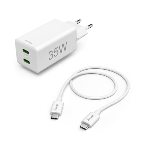 Hama Caricabatterie Rapido + Cavo, 2 X Usb-C, Pd/Qc, Mini Caricabatterie, 35 W, 1 M, Blc