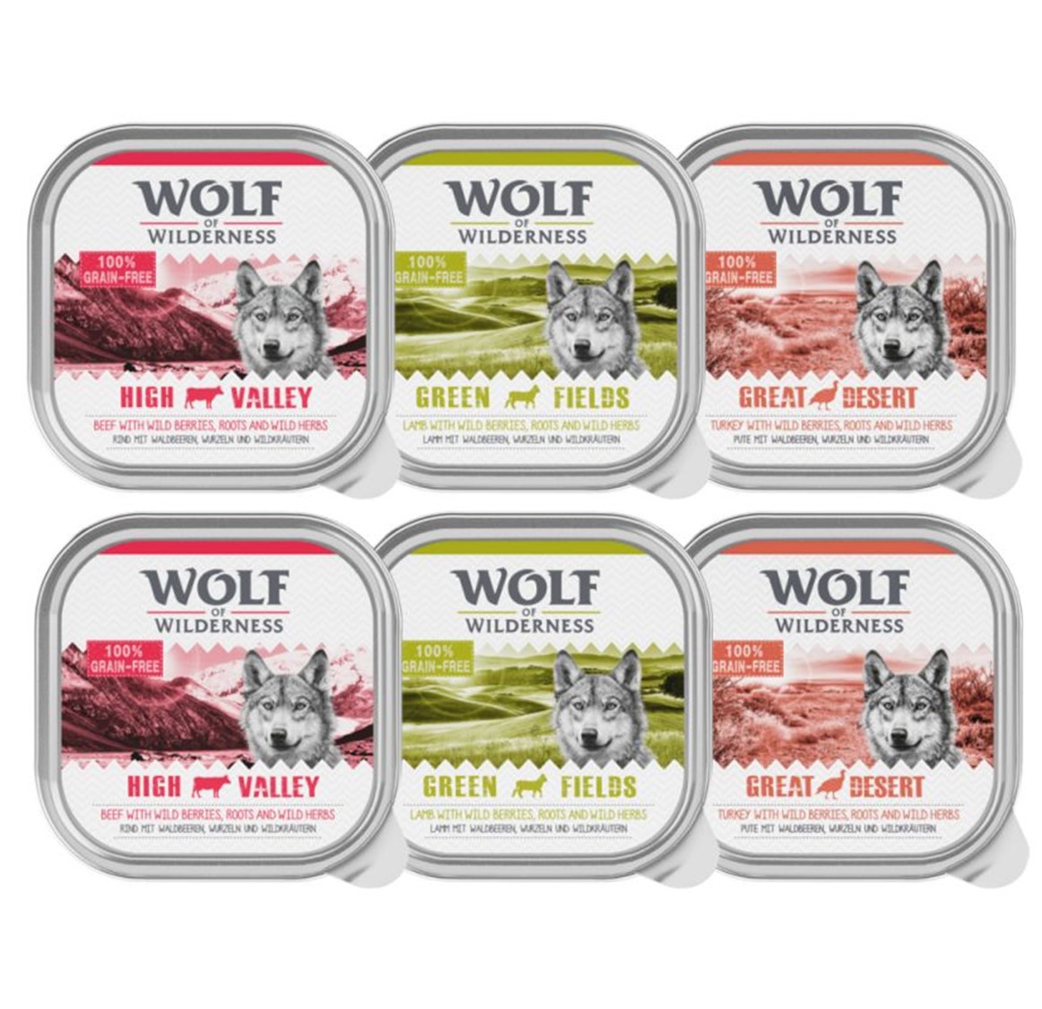 Wolf of Wilderness Adult 6 x 300 g umido per cane - Mix: Manzo, Tacchino, Agnello