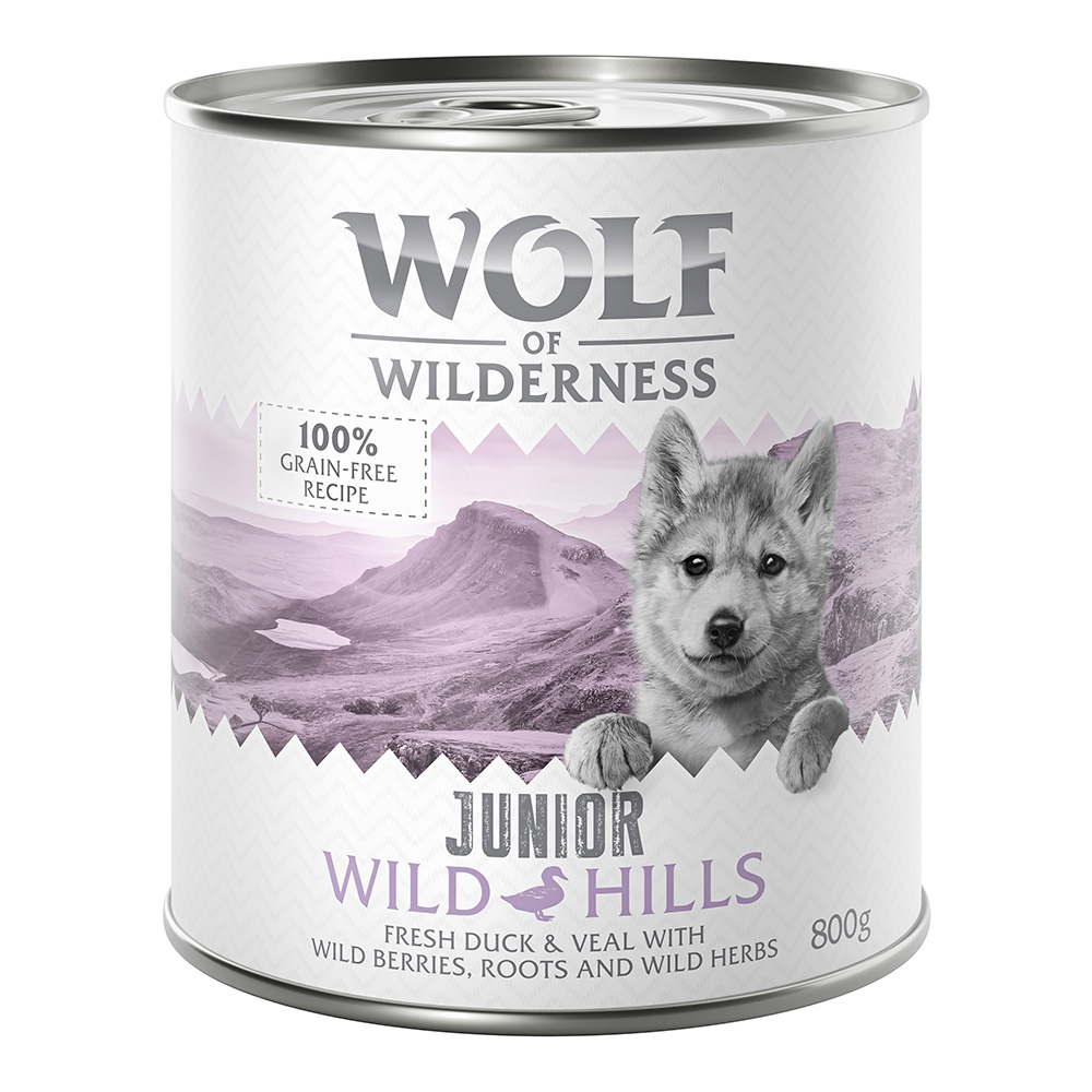 Wolf of Wilderness Junior 6 x 800 g umido per cane - Wild Hills - Anatra & Vitello