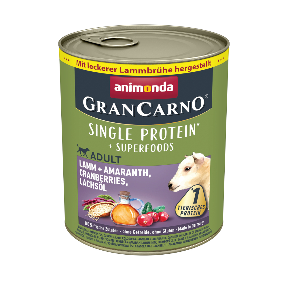 animonda GranCarno Adult Superfoods 6 x 800 g Umido per cane - Agnello + Amaranto, Mirtilli rossi, Olio di salmone
