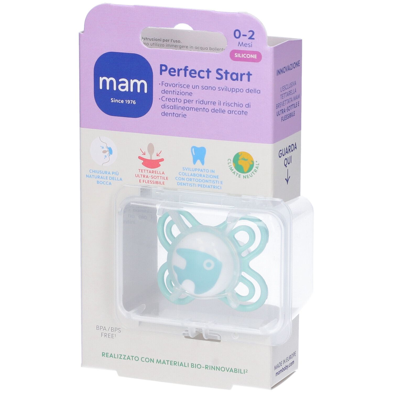 MAM Perfect Start Succhietto in Silicone 0-2 Mesi Colore Azzurro Succh