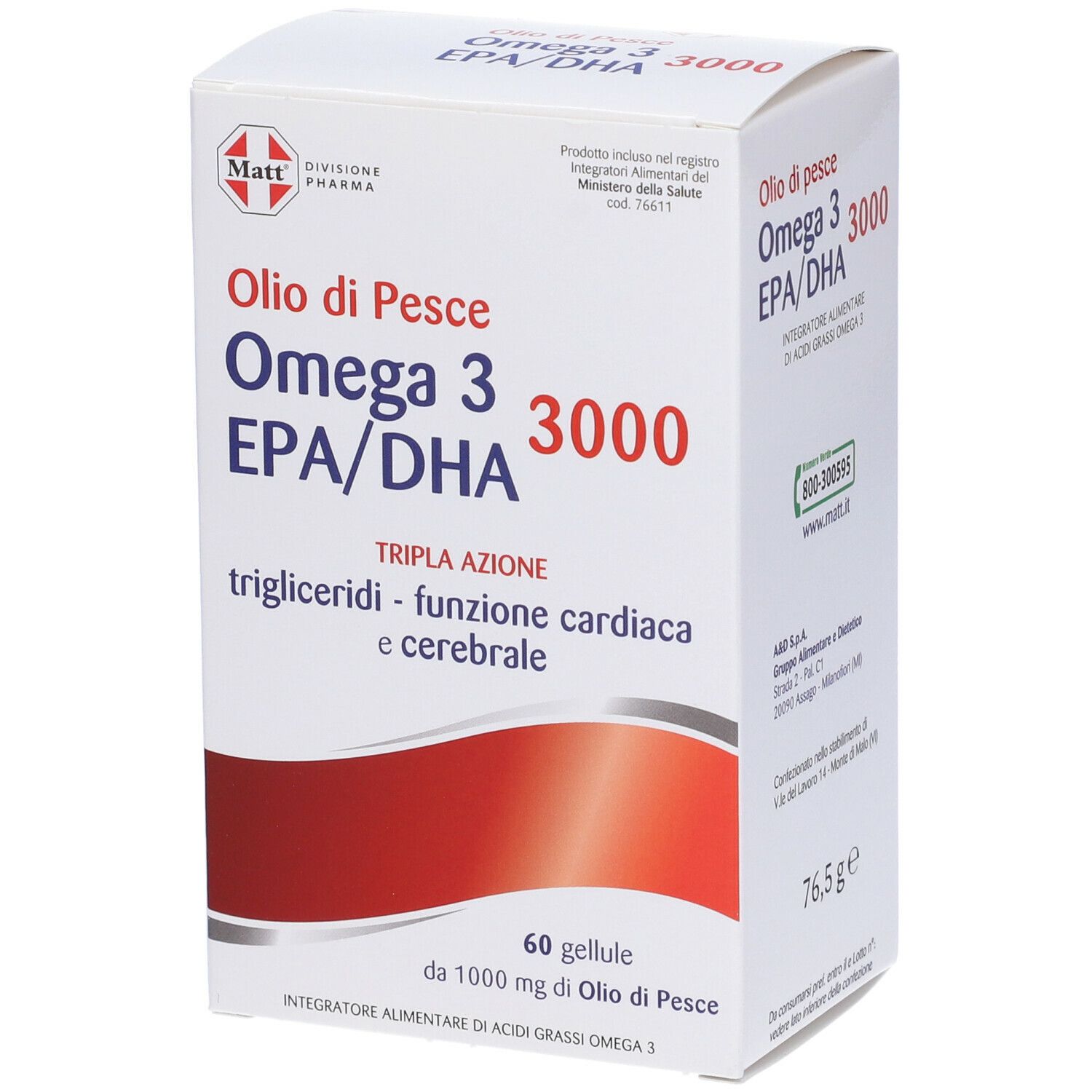 MATT Olio Di Pesce Omega 3 EPA/DHA 3000 Tripla Azione 76,5 g Capsule