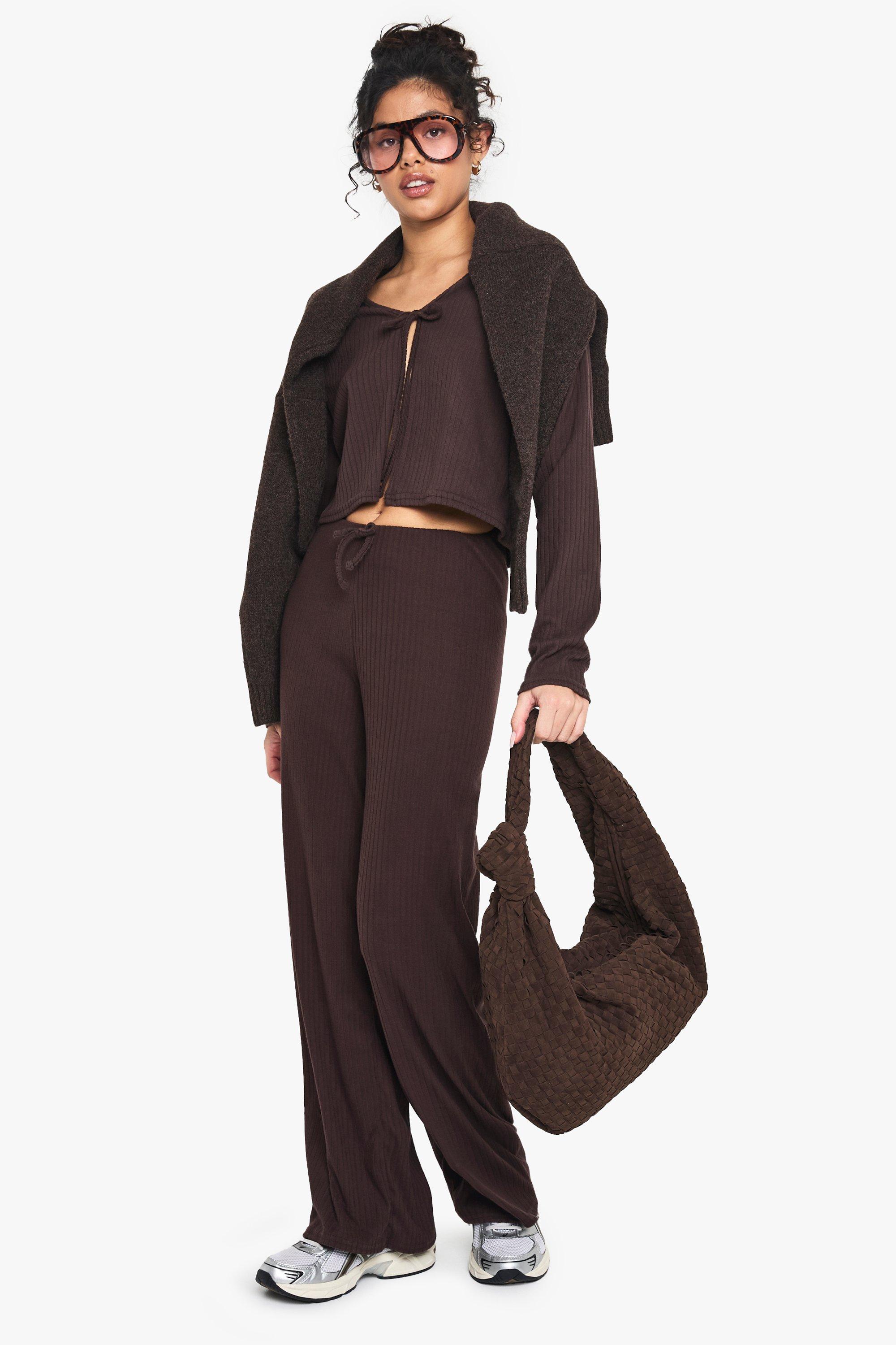 RIB TIE FRONT LONG SLEEVE TOP AND DRAWSTRING STRAGHT LEG TROUSER SET, Brown