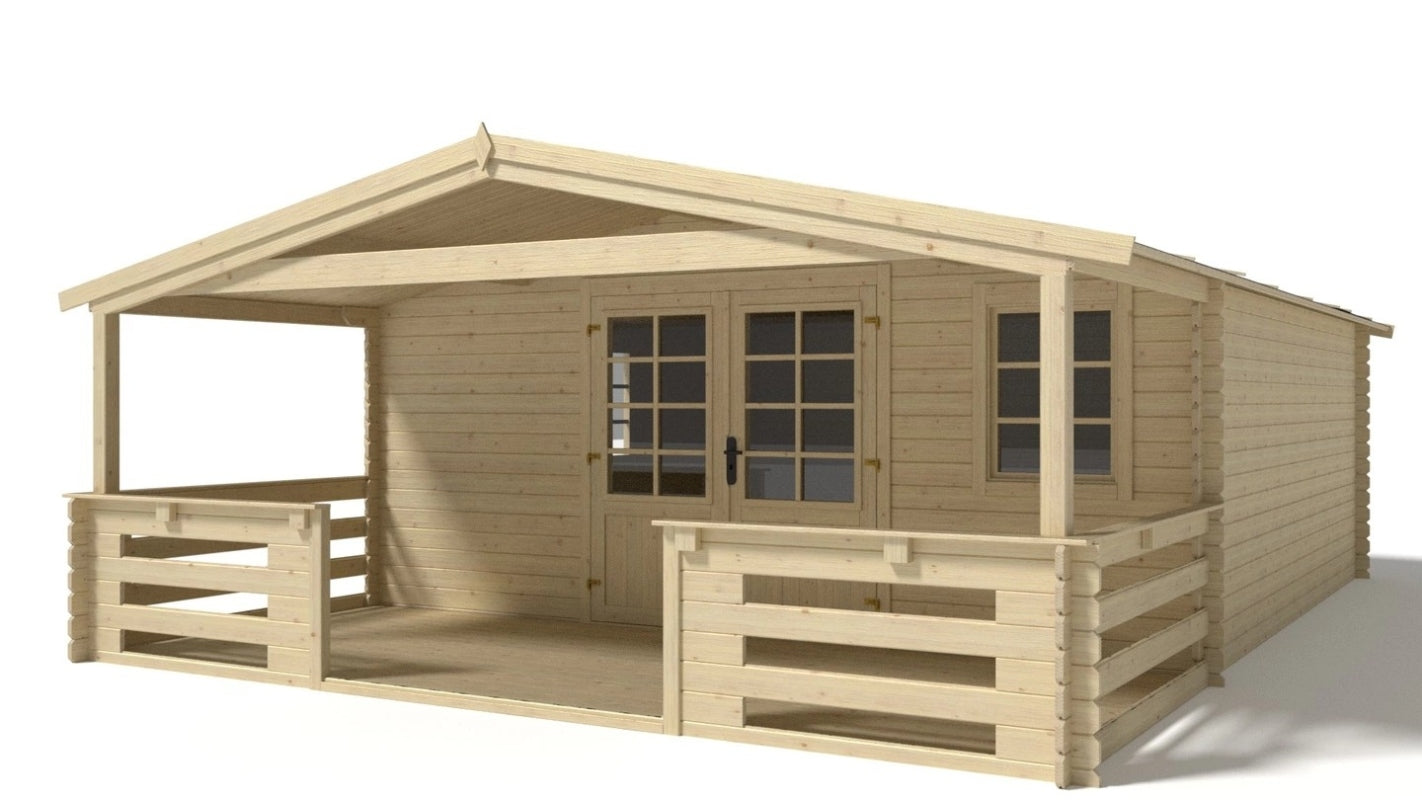 Casetta da giardino in legno con veranda e tettoia - 35m2 - 5x5m - 28mm - colore: naturale - dom591+dom600+dom601+pod04 - altanka