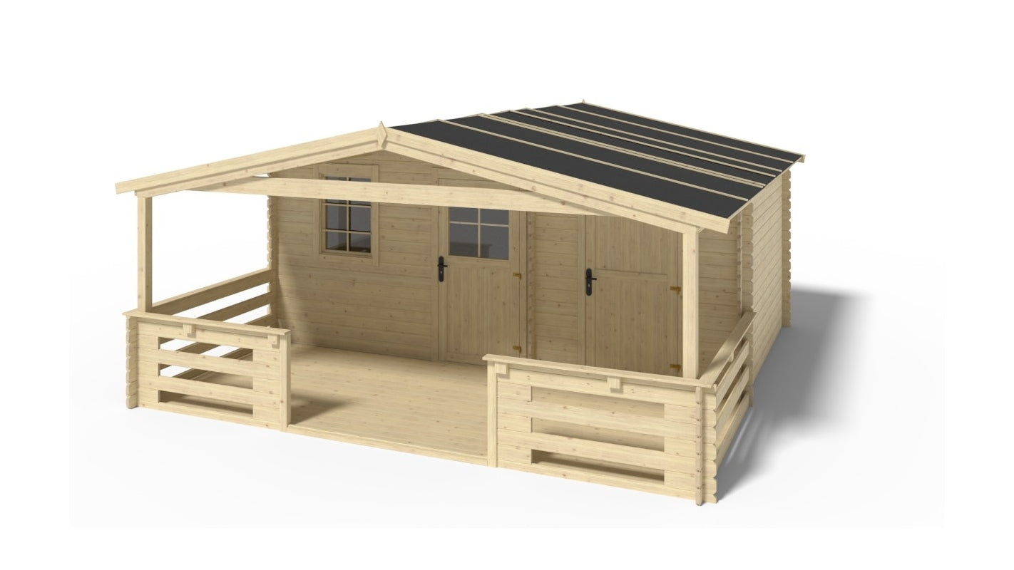 Casetta da giardino in legno con veranda e tettoia - 35m2 - 5x3m - 28mm - colore: naturale - dom578+dom600+dom601+pod04 - altanka