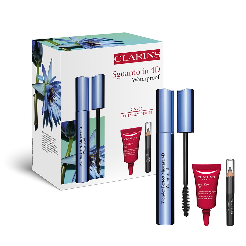 Sguardo in 4D Waterproof Mascara 8ml + Matita 0,39g + Contorno Occhi 3ml + Double Serum 7ml Clarins