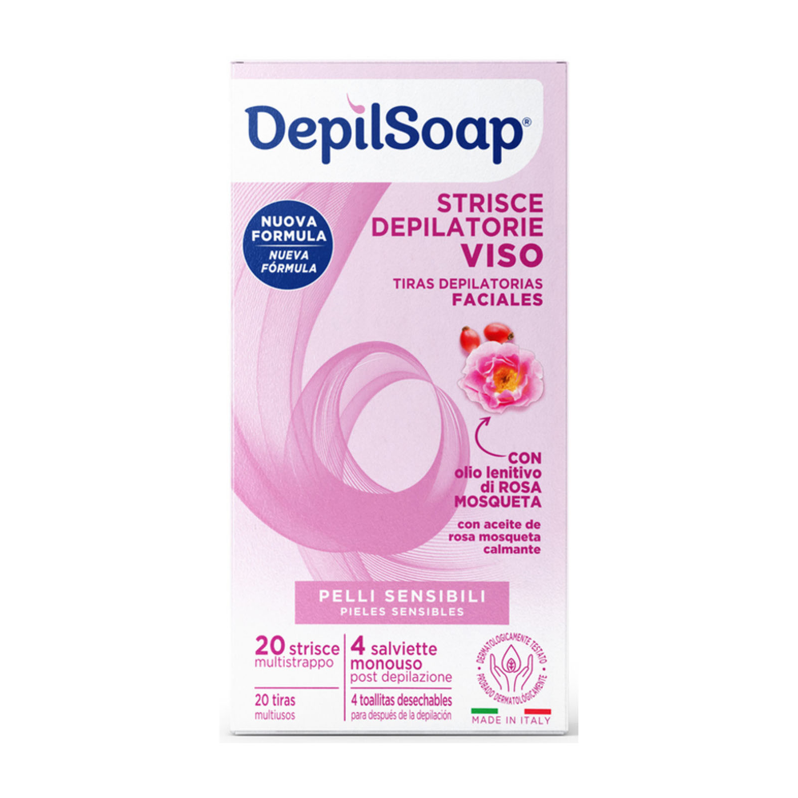 Strisce Depilatorie Viso 20 Strisce + 4 Salviette Post Depilazione Pelli Sensibili