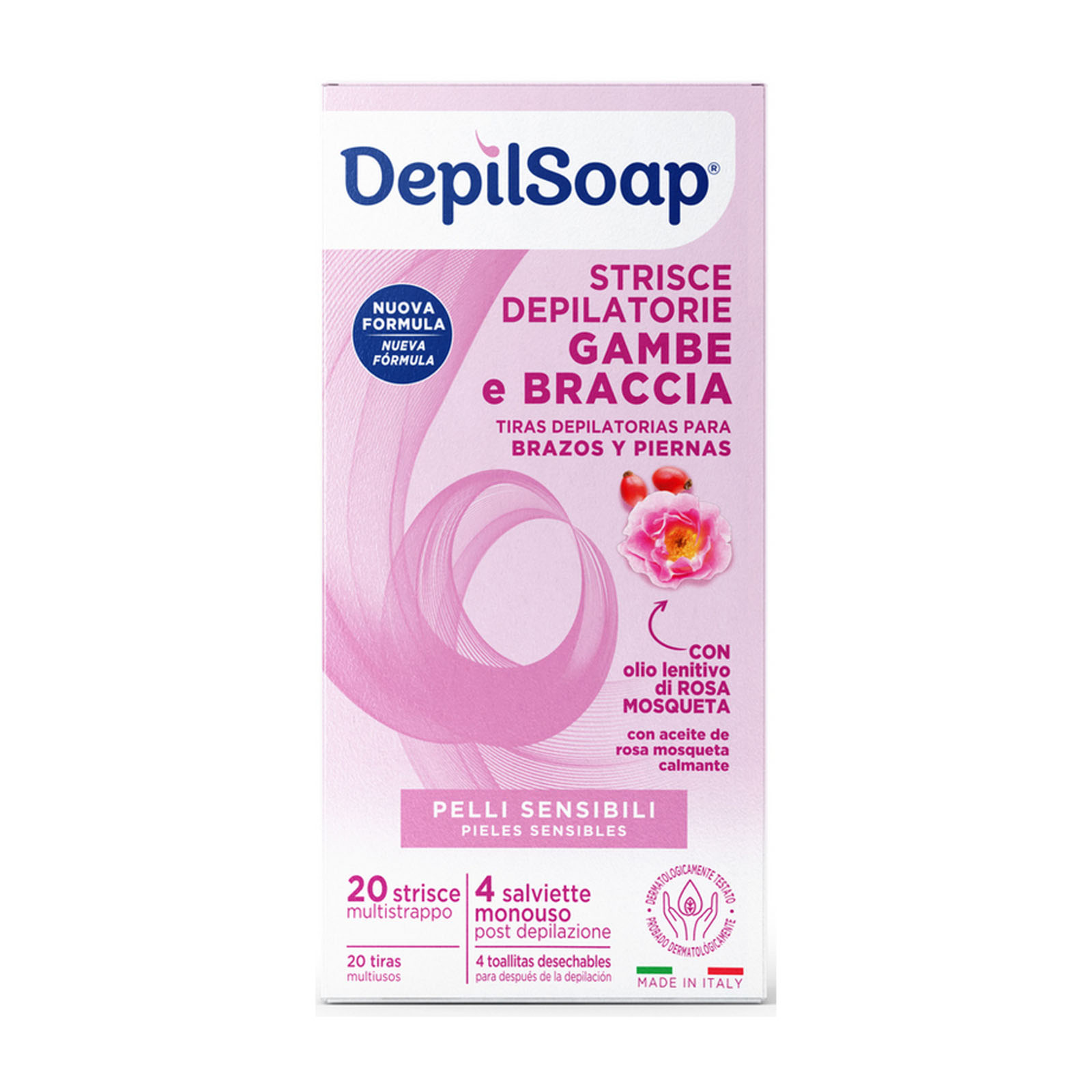 Strisce Depilatorie Gambe E Braccia 20 Strisce + 4 Salviette Post Depilazione Pelli Sensibili