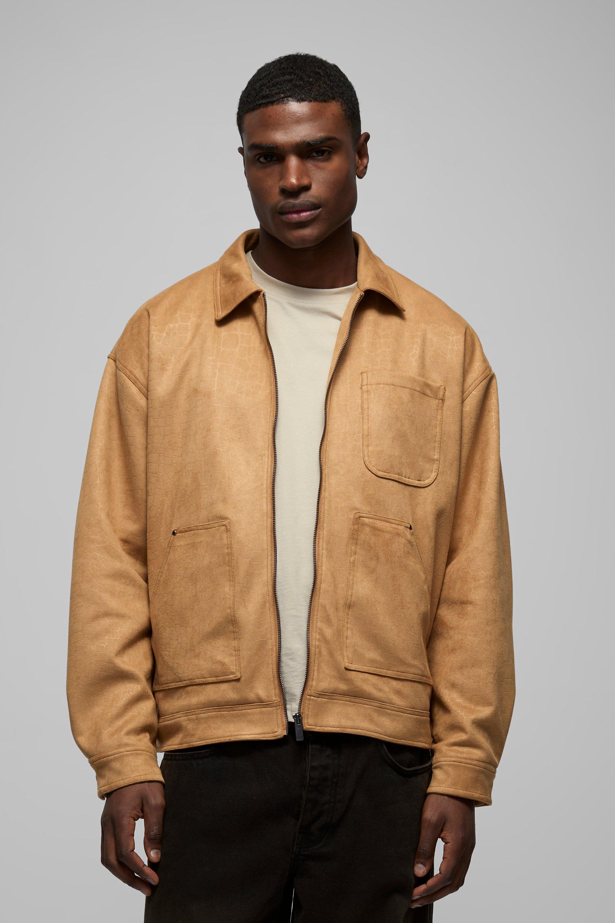 Oversized Croc Faux Suede Collared Carpenter Worker Jacket, Brown