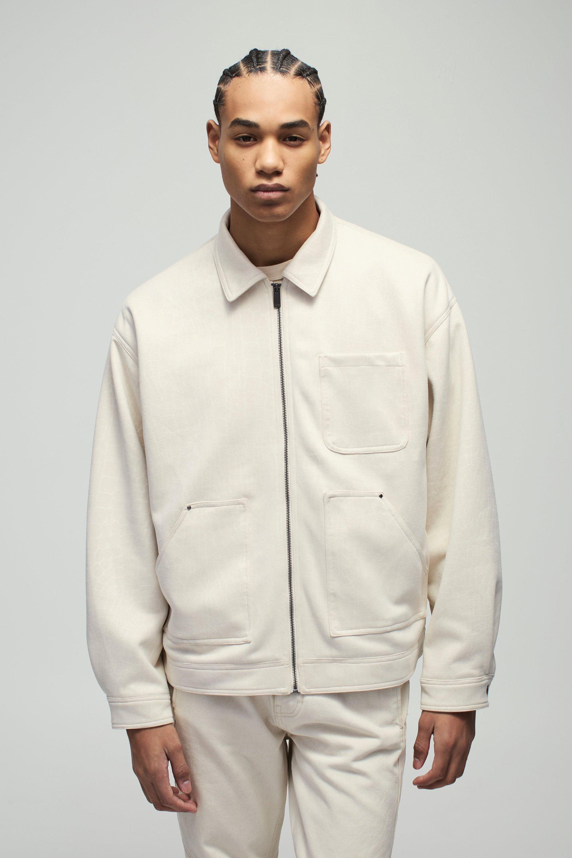 Oversized Croc Faux Suede Collared Carpenter Worker Jacket, Cream