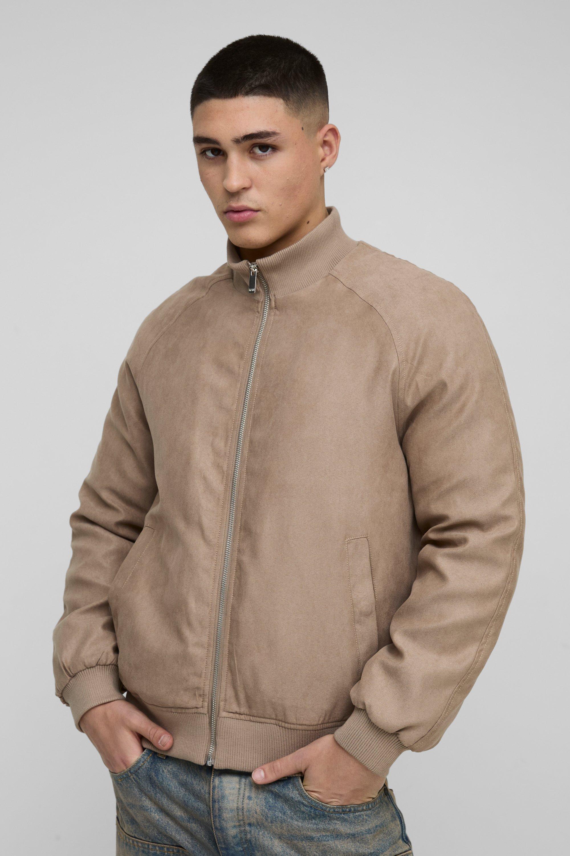 Raglan Regular Fit Funnel Neck Faux Suede Bomber Jacket, Beige