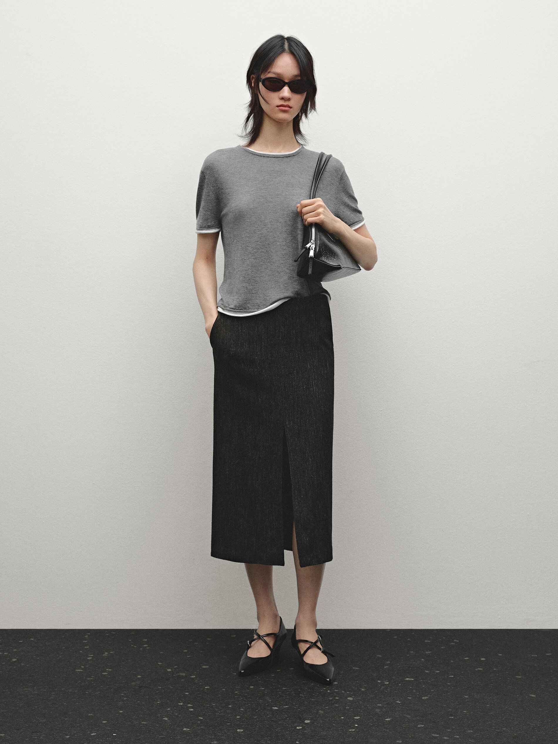 Maglietta In Maglia Effetto Doppio - Grigio Medio - S - Massimo Dutti - Femminile