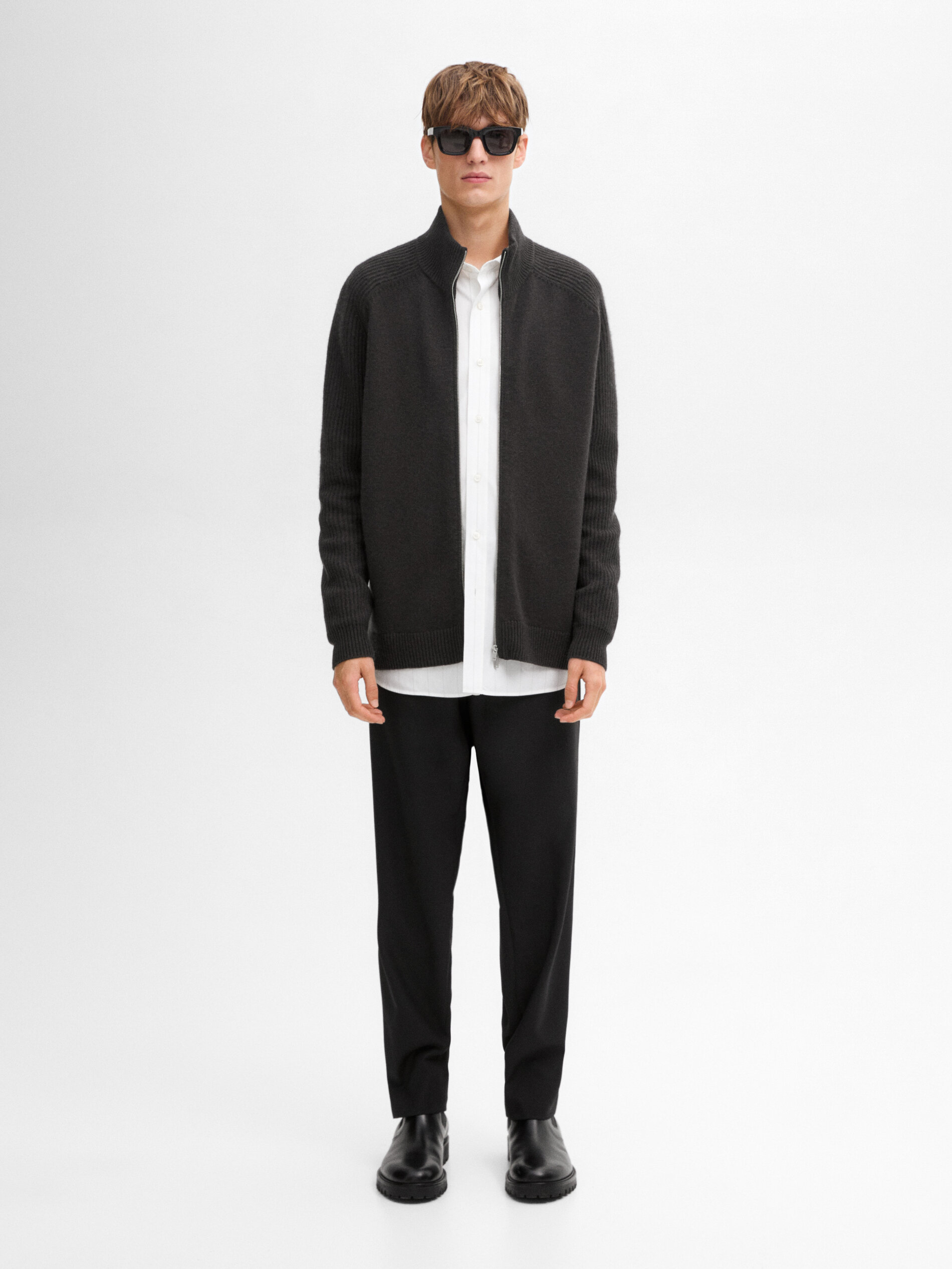 Cardigan A Collo Alto In Misto Lana - Grigio - L - Massimo Dutti - Maschile
